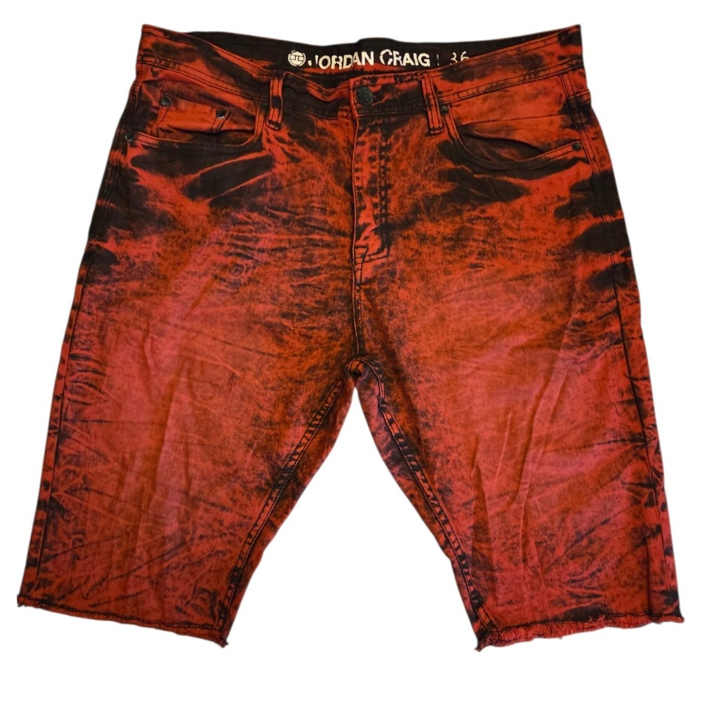 Jordan Craig Mens Red Black Acid Wash Tie Dye Denim Shorts Size 36 Streetwear